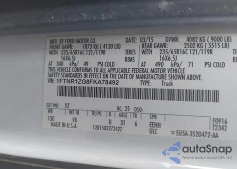 2015 Ford Transit-250 z USA, uszkodzony, nr VIN 1FTNR1ZG8FKA78492